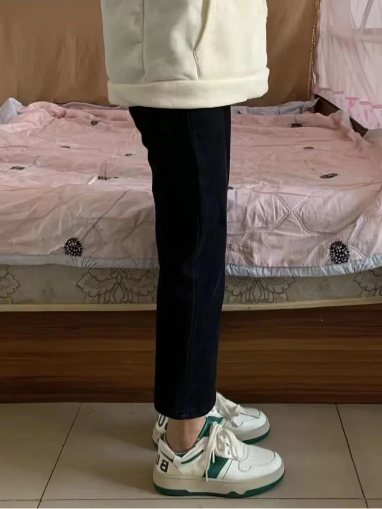 Dżinsy damskie z wysokim stanem, prostymi nogawkami, ocieplane, jesienno-zimowe, nowe, wyszczuplające, maskujące, w małych rozmiarach, spodnie typu e-tube.