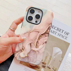 Powder Blue Marble Pattern Phone Case for iPhone 16 15 14 13 12 11 Pro Max Plus Luxury Magnetic Double-layer Back Cover