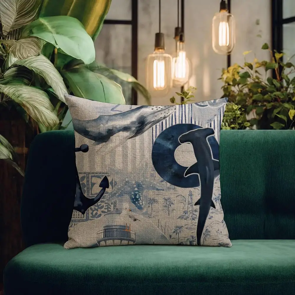 Pattern Coral Shrimp Cushion Cover Natural Linen Pillowcase Set All-in-One Decor Cushion Cover for Sofa Bedroom Chair