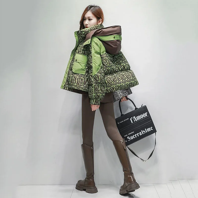 Veste en duvet de coton imprimé pour femme, Streetwear, court, à capuche, ample, épais, décontracté, nouvelle collection hiver 2025