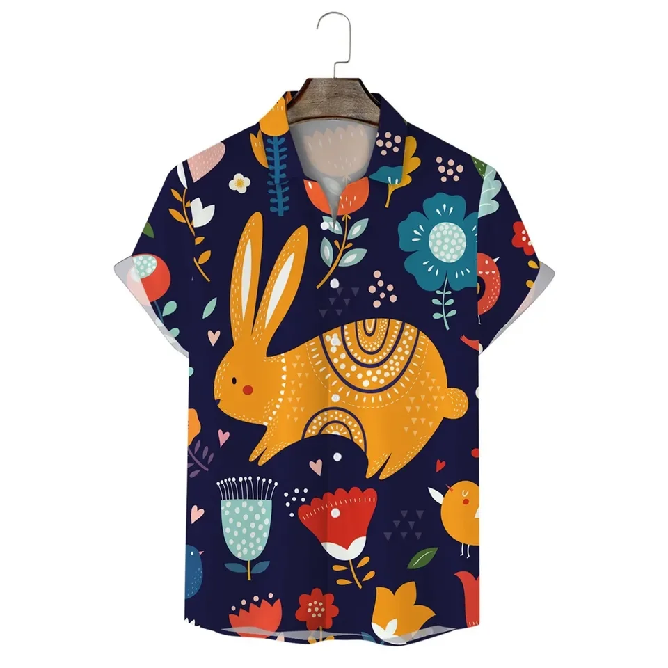 2025 Classic Fit New Men'S Shirt Mens Fashion Casual Personality Interesting Easter 3d Digital Printing Rabbit Roupas Masculinas