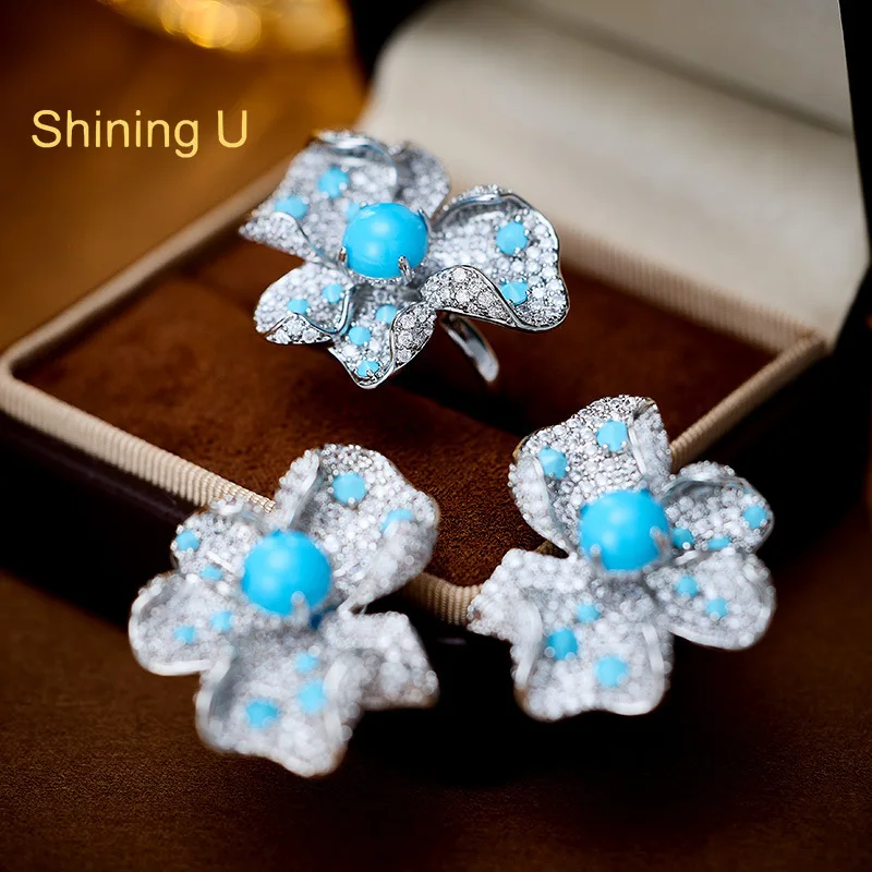 

Shining U Light Luxury Floral Turquoise Earrings Ring for Women Fashion Jewelry Party