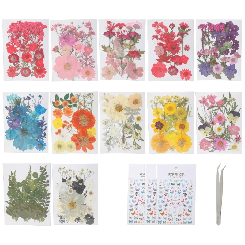 

495 шт., большой набор сушеных цветов, натуральные прессованные растения с наклейками-бабочками для творческого творчества и
