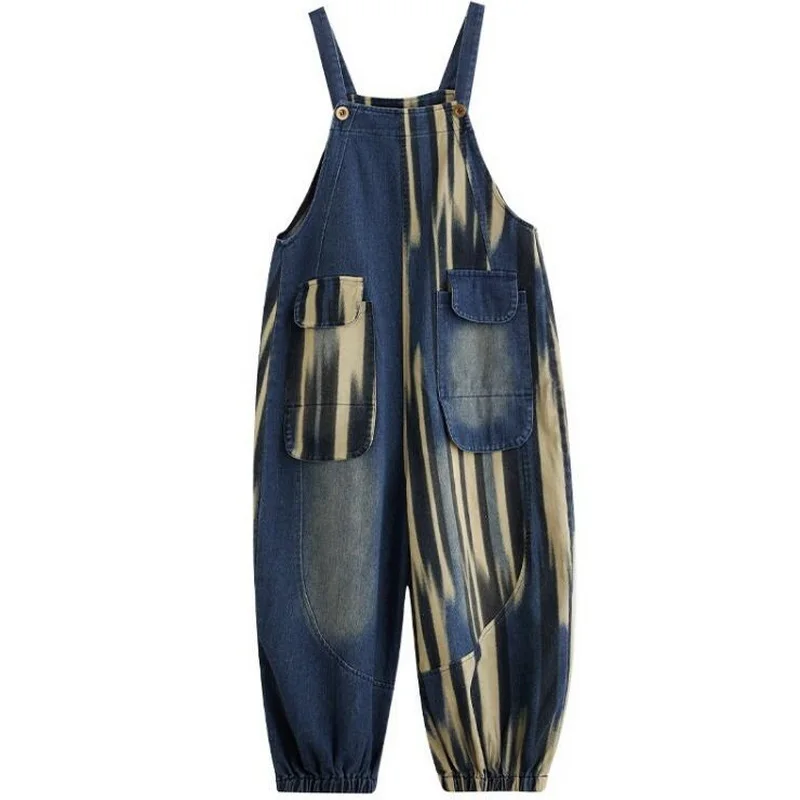 Female Denim Jumpsuit Loose Lantern Pants Gradient Printed Jean Bloomers Overalls