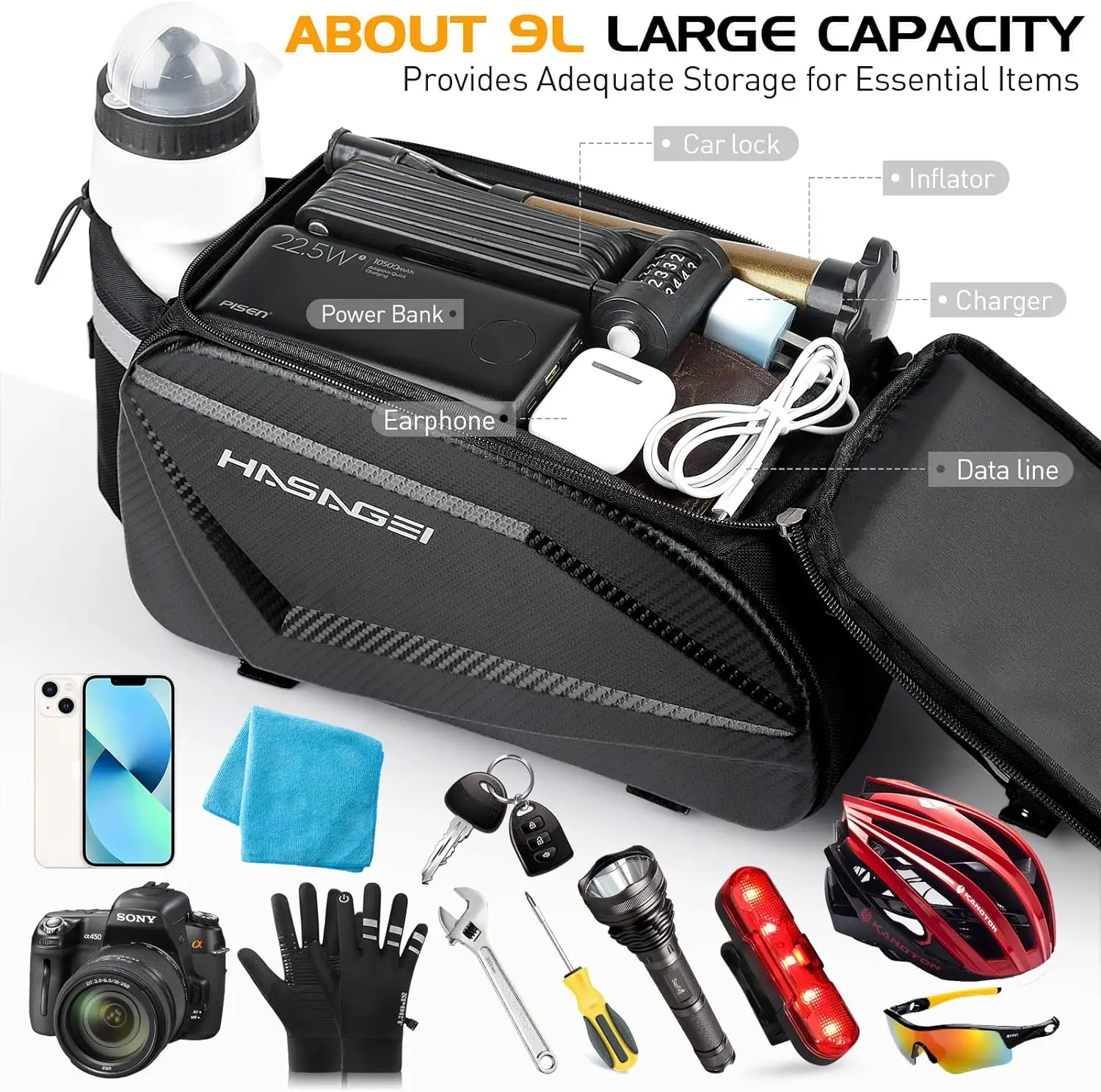 Bike Bag,Bicycle Bag,Bike Rack Bag,About 9L Big Capacity,Waterproof,Toolless Installation,Durable,With Portable Strap