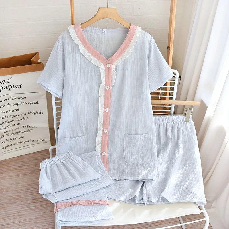 2023 New Summer Pants Cotton Three Piece Sleepwear Women's Double Layer Gauze Breathable Casual Home Suit Short Sleeve V Neck