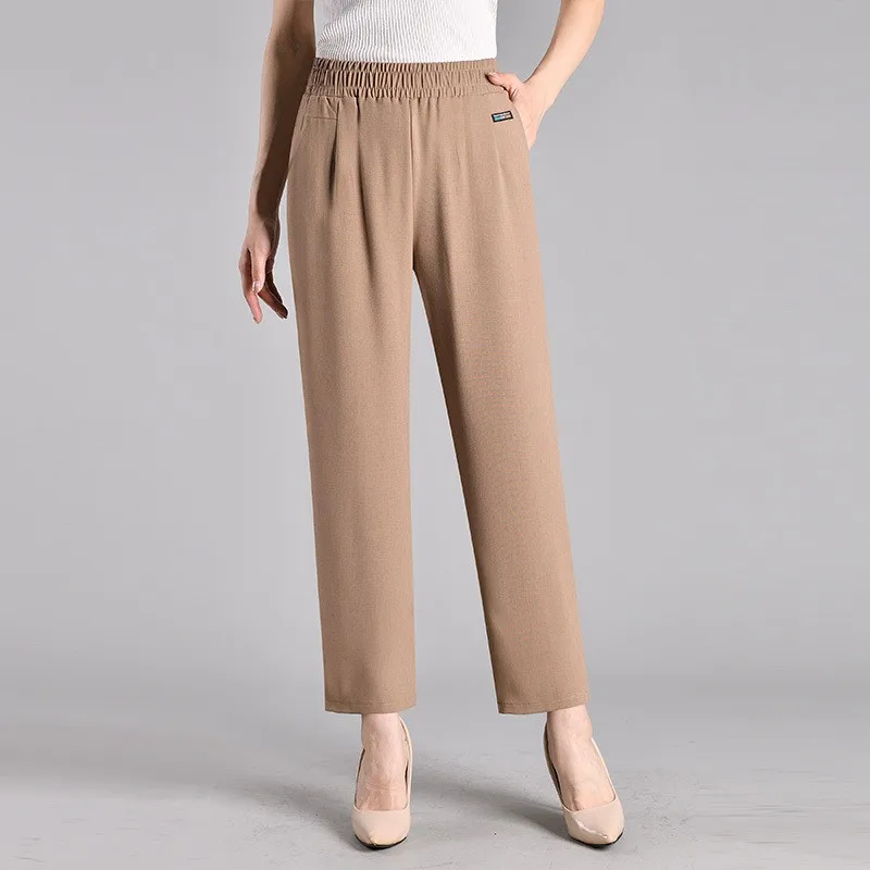 Calças Casuais de Aodão e Linho de Cintura Alta, Finas, Elásticas, com Pernas Retas, Estilo Mãe, Calças Longas de Nove Pont...