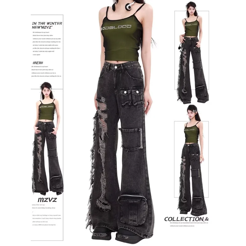 

Y2K Широкие джинсовые брюки Мешковатые джинсовые брюки с высокой талией Рваные женские черные джинсы в стиле хип-хоп Модная винтажная уличная одежда 2025