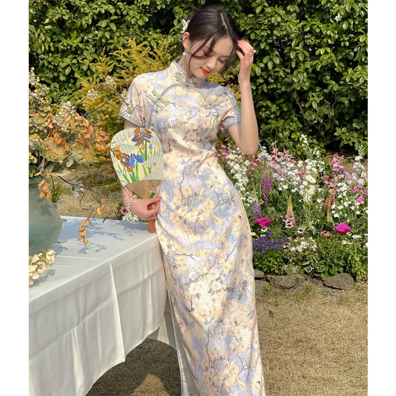

High-Quality Blue Chinese Women Qipao Short Sleeve Plus Size Vintage Flower Cheongsam Wedding Formal Evening Dinner Long Dress