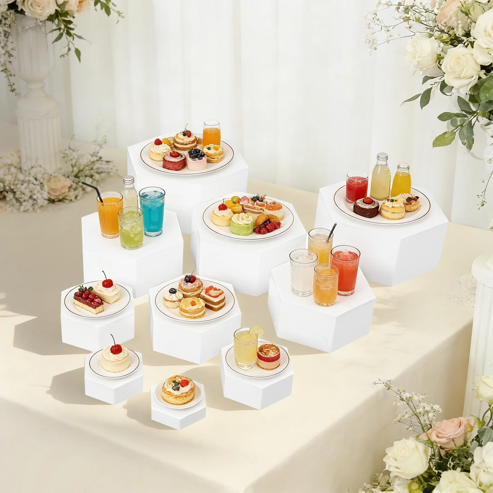 10 PCS Buffet Risers Hexagonal Catering Dessert Table Risers Food Decorative Stands for Party & Wedding White/black