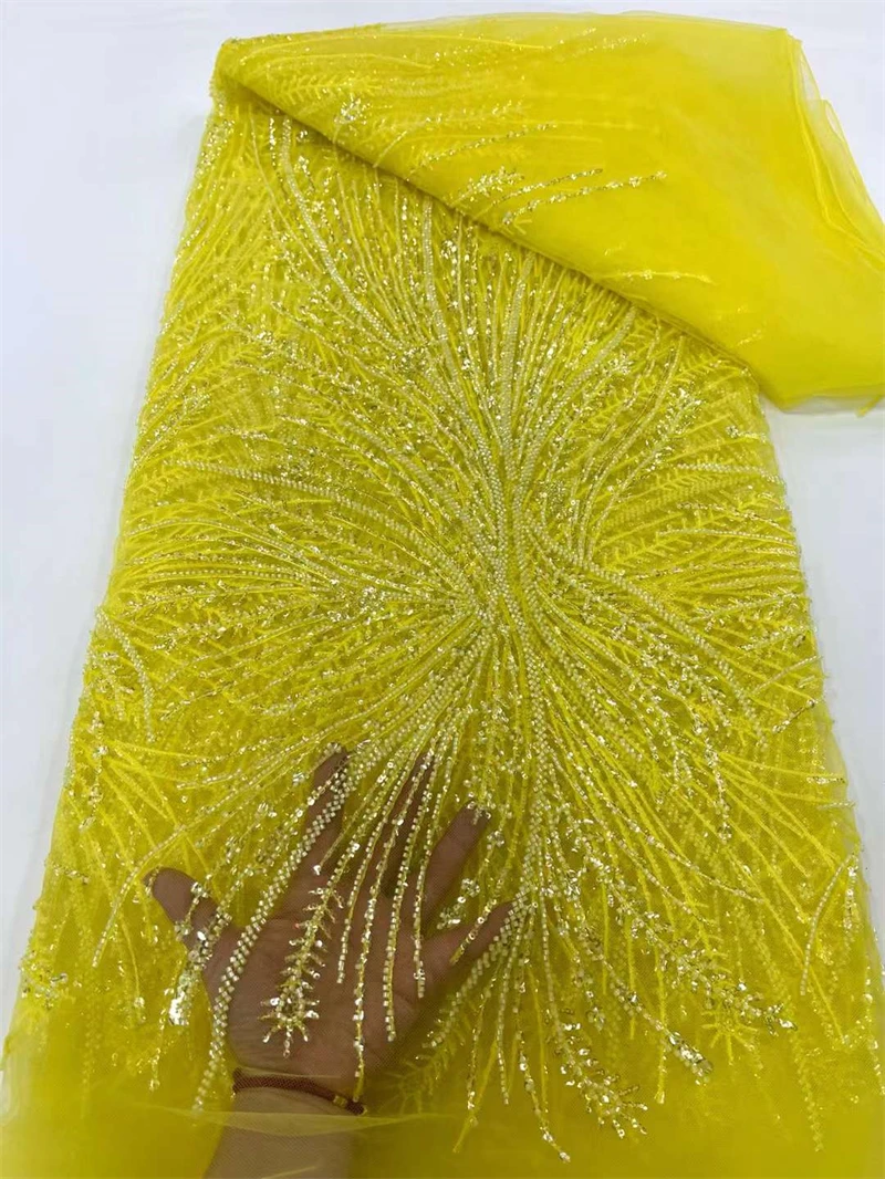 African Beaded Lace Fabric for Wedding, Groom Embroidery, French Mesh, Yellow Lace, Nigeria Tulle, Luxury, 2024, 5 Yards