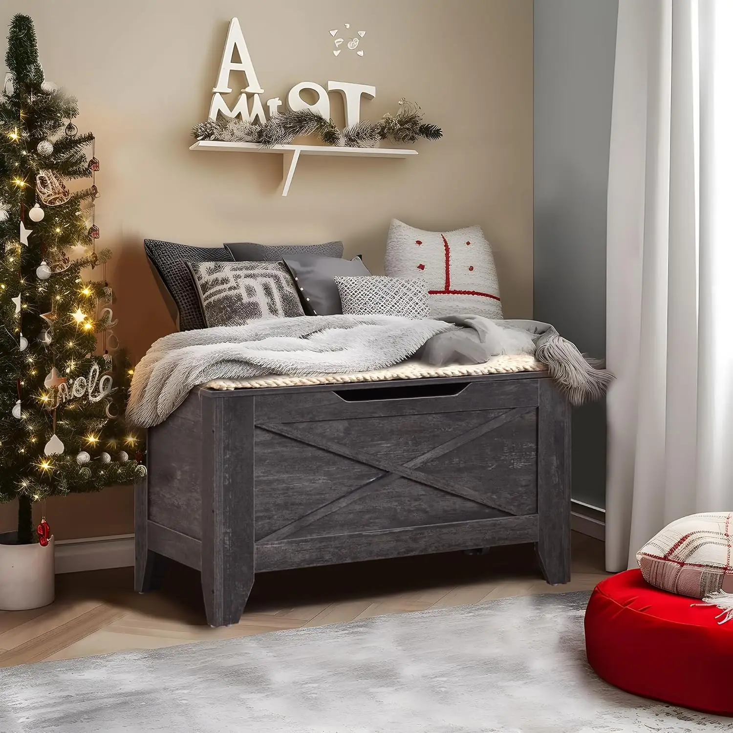 

Large Storage Chest, Ottoman Storage Trunk With Safety Hinges, Shoe Bench With Wicker-Knot Cushions, 15 X 30 X 18.5 Hes