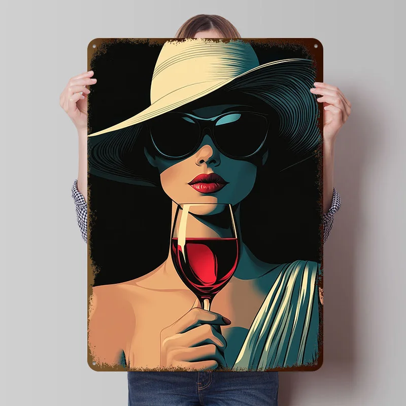 Woman With Wine and Hat Printed Poster Customized Wall Art Retro Vintage Metal Tin Signs for Room Ornaments Gaming Decoration