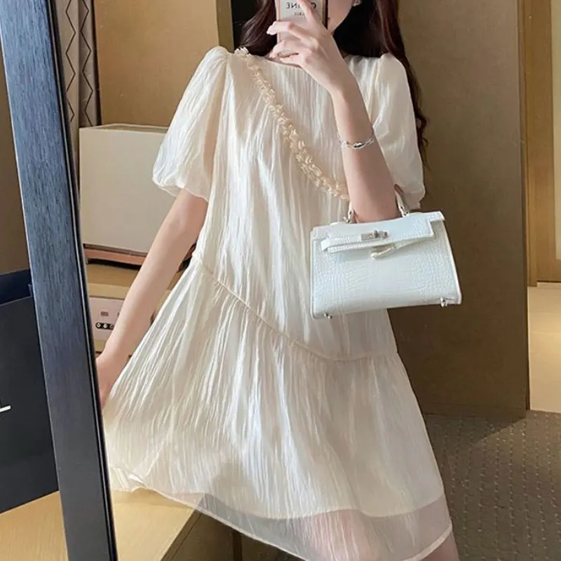 Korean Short Sleeve Midi Dress Women\'s Clothing Casual Round Neck Summer Thin Fashion Folds Spliced Commute Solid Color Dresses