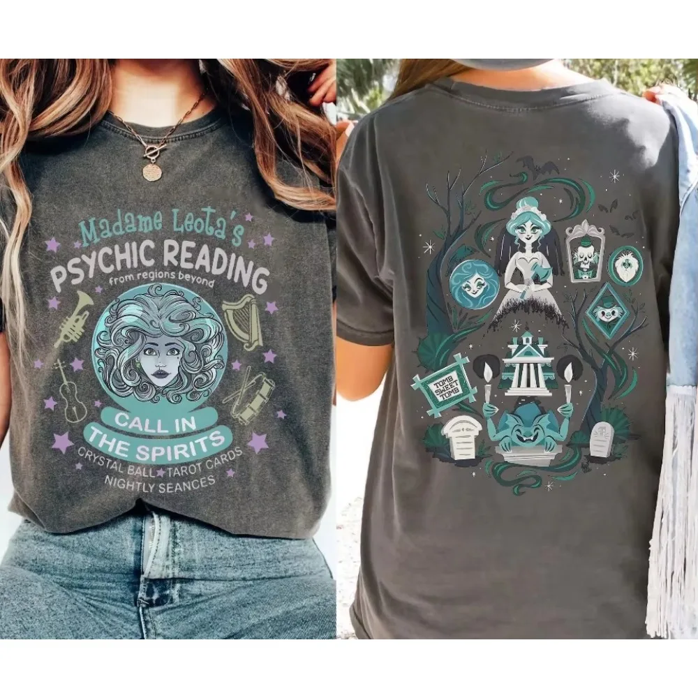 Retro 2-zijdige Disney Halloween Madame Leota Haunted Mansion Shirt Psychic Readings Foolish Mortals Dames Heren Katoenen T-shirt