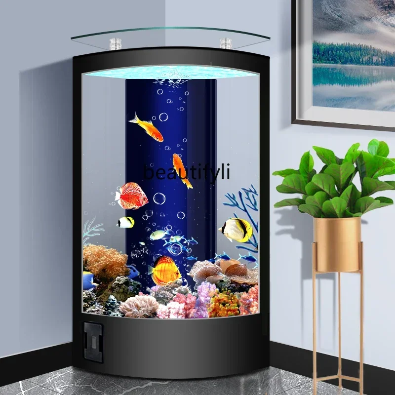 NQ New Fan-Shaped Fish Globe Home Living Room Large Vertical Floor Glass Aquarium