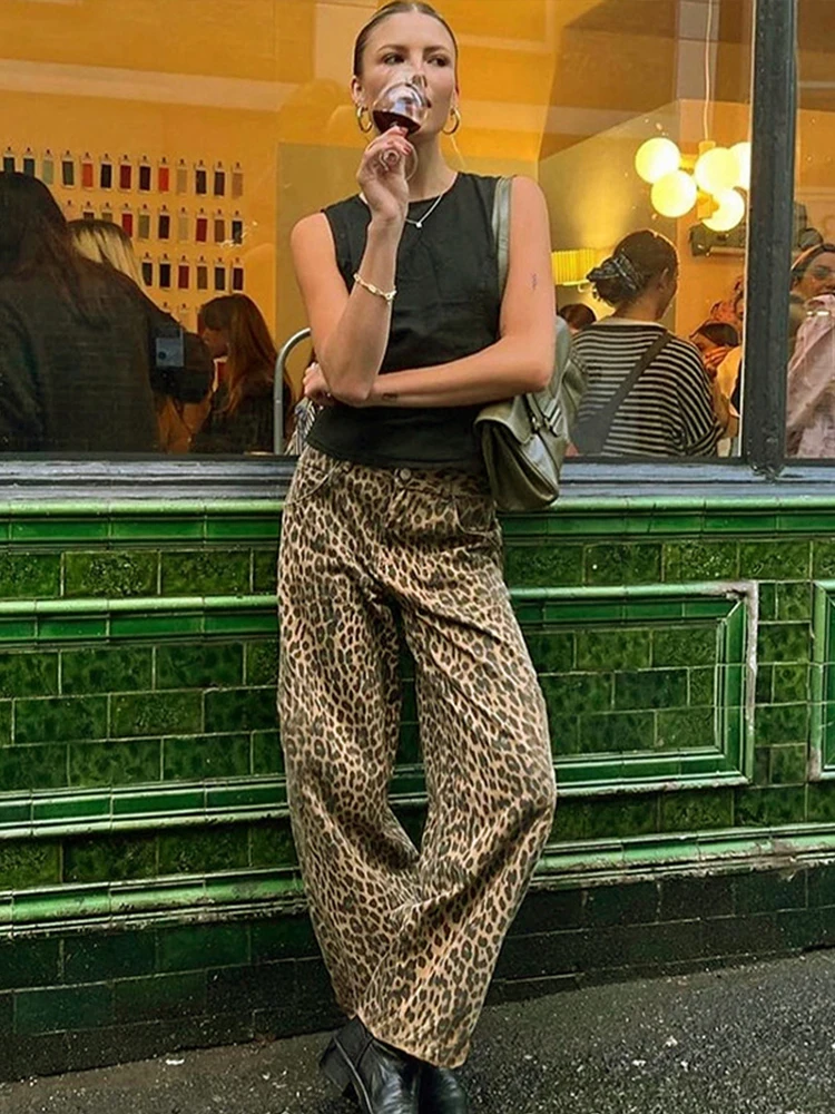 Casual Leopard Print Women Trouser Wide Leg High Waist Button Zipper Pocket Female Pant 2024 Spring Summer New Chic Lady Pants