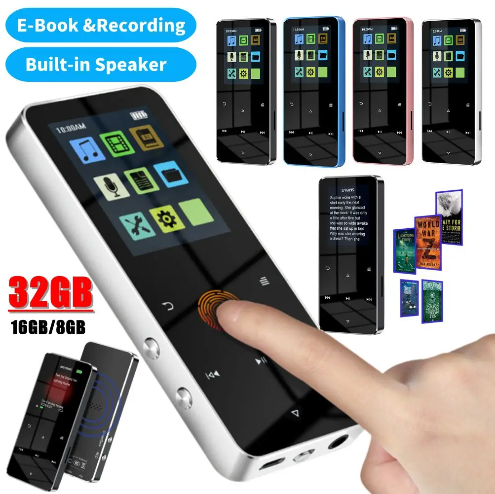 1.8 Inch 32GB/16GB/8GB Full Touch Screen MP4 Video Player BT 5.0 TFT MP3 Radio Player with E-book Recording Built-in Speaker