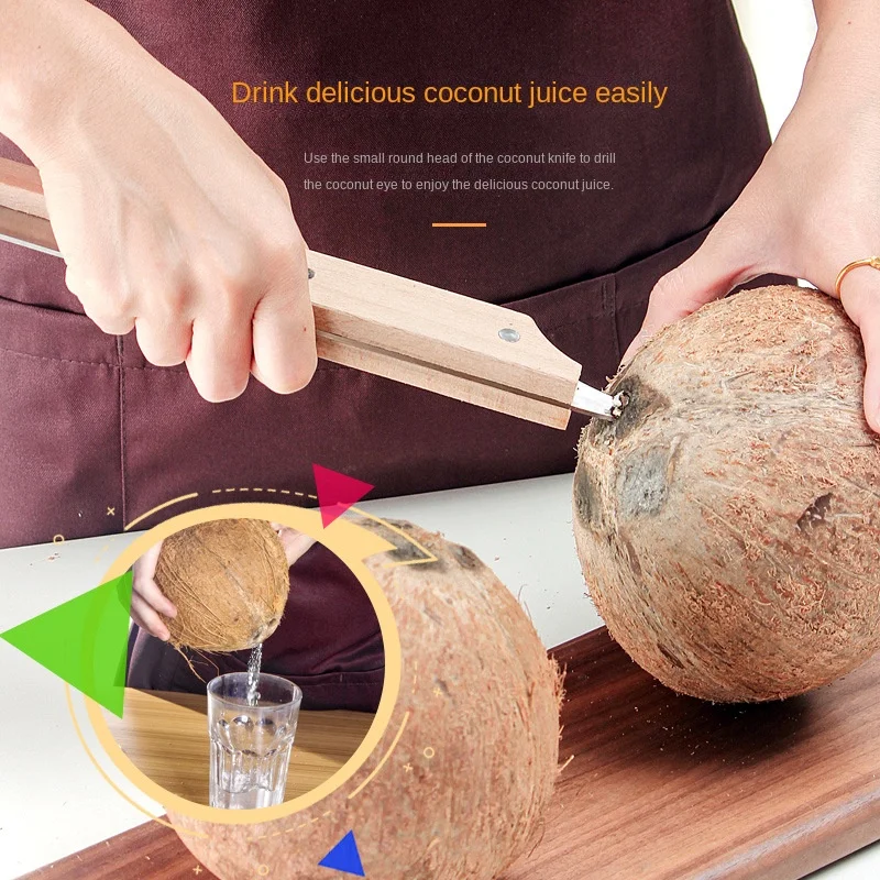 Kitchen Tools Multifunctional Coconut Knife Wooden Handle Coconut Knife Stainless Steel Coconut Opener Kitchen Supplies