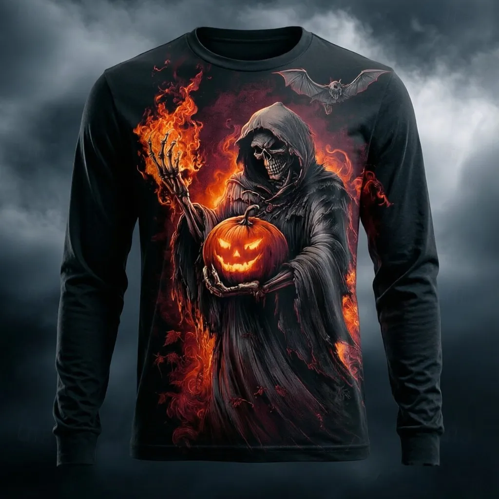 Men's Long Sleeve T-Shirt Print Grim Reaper Pumpkin Bat Flame Halloween Gothic Crew Neck Casual Men's Gift T-shirt Mens clothing