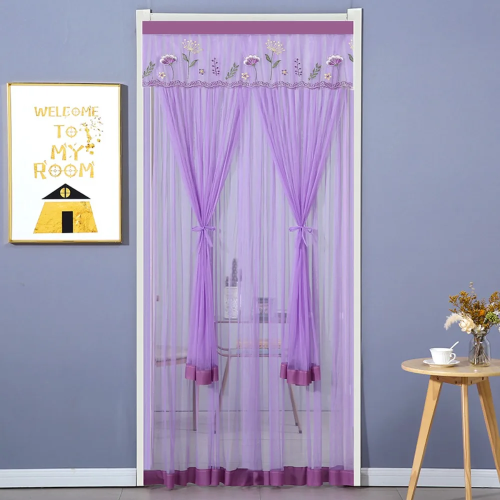 Double Layer Lace Embroidered Door Curtain Punching Free Breathable Mesh Entrance Curtain Anti-mosquito Self-adhesive