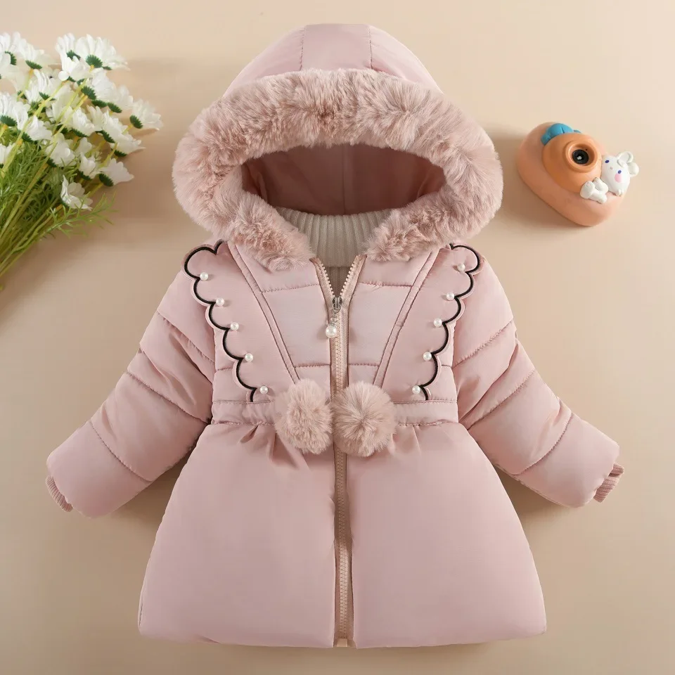 1-4 Years Winter Baby Girls Jacket Pearl decoration Lace Thick Hooded Coat For Kids Lined With Velvet Keep Warm Girls Outerwear
