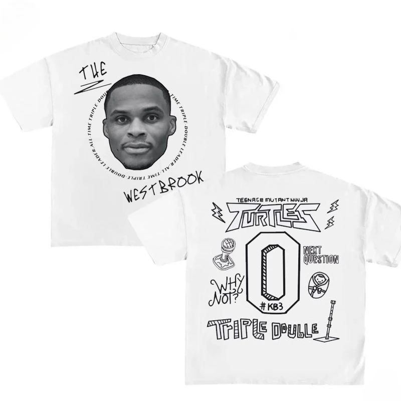 

Summer American Westbrook Hand-painted Printing Heavy Cotton Short-sleeved T-shirt Men's Ins Trendy Retro Basketball
