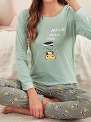 Women Pajama Set Autumn Round Neck Long Sleeves Top Elastic Pants Ladies' Sleepwear Set Milk Prints Comfortable Soft Loungewear