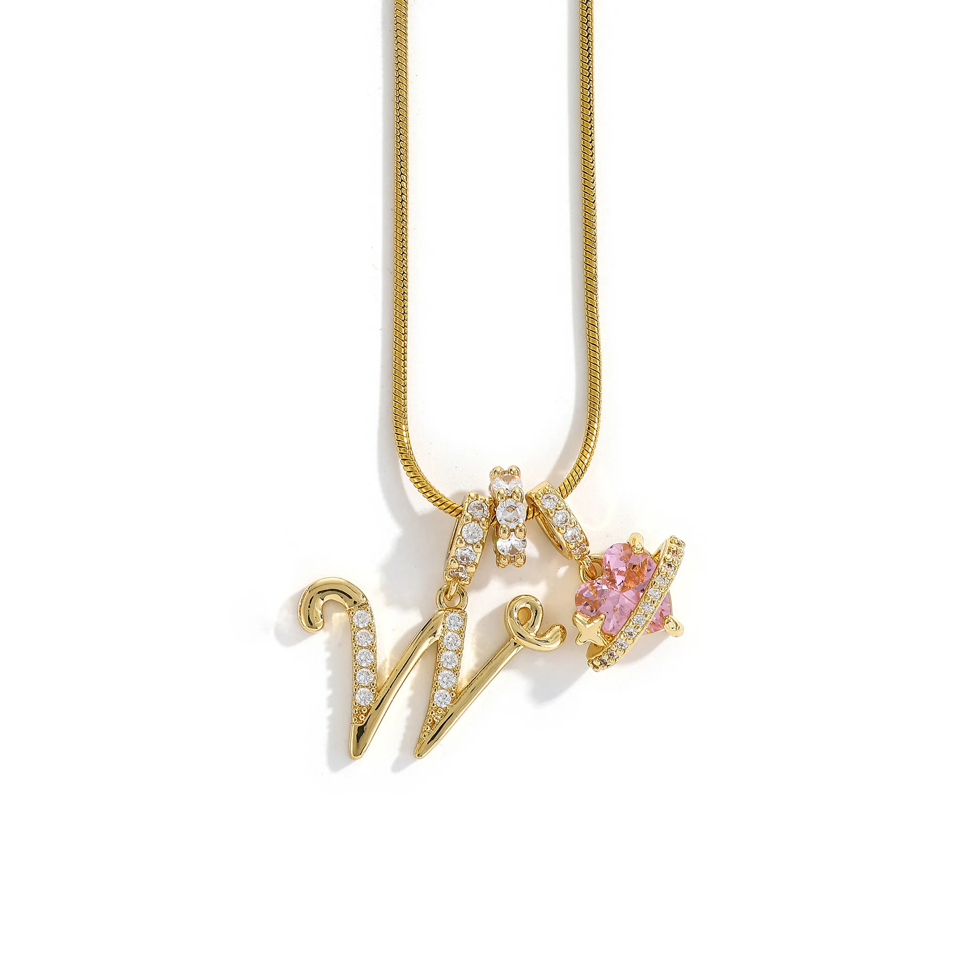 Women's A-Z Initial Letter Pendant Necklace Snake Chain Initial Alphabet CZ Pink Heart Necklace Adjustable Size Hypoallergenic