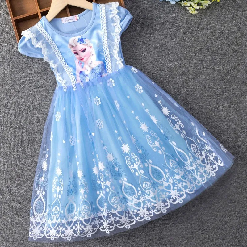 

Disney 2024 New Frozen Elsa Princess Dresses for Girls Blue Pink Clothes Summer Flying Sleeve Kids Dress Party Baby Dress