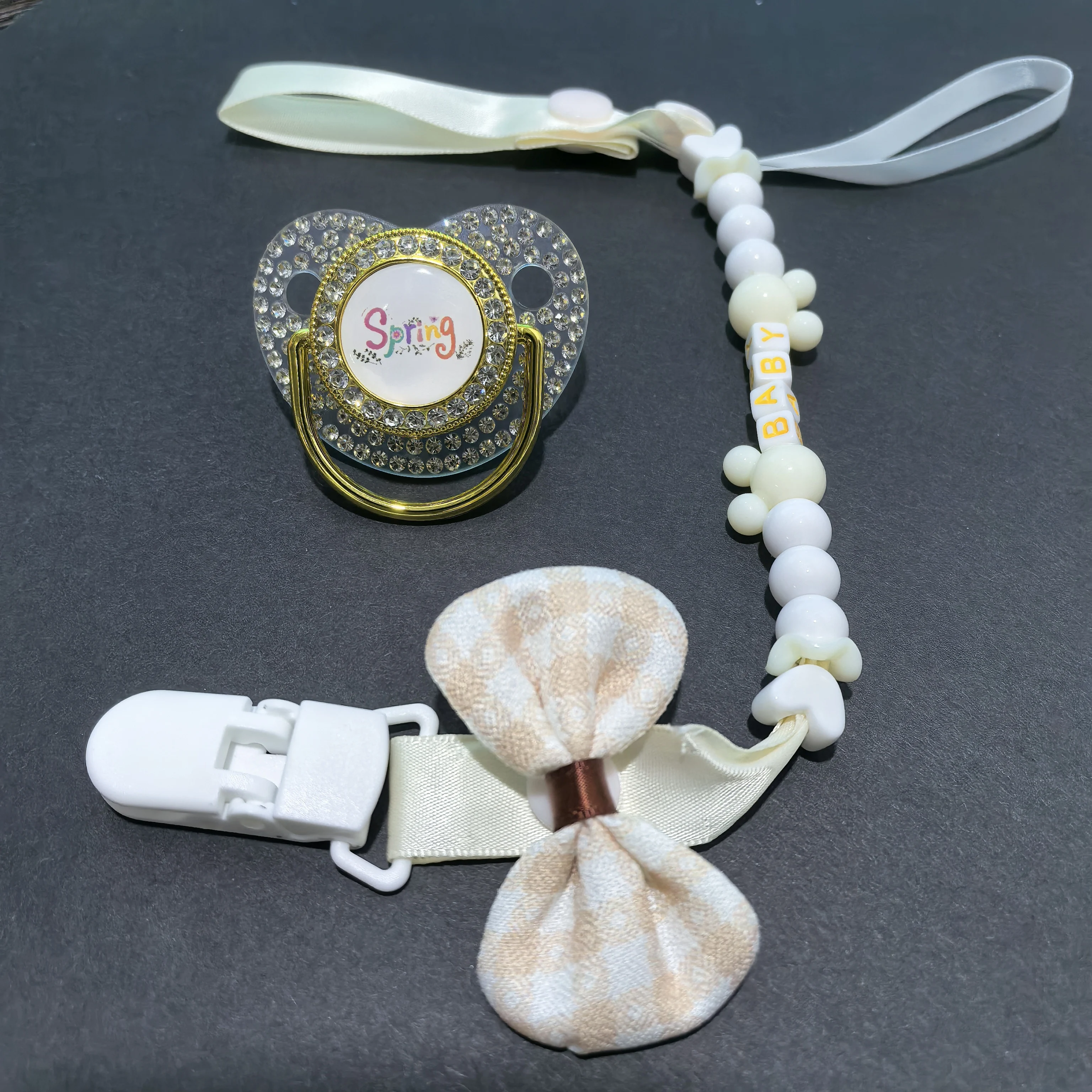 Custom Name Baby Pacifier Clip Set - Rhinestone Soother with Plaid Bow & Beaded Chain - Personalized Newborn Gift for Girl