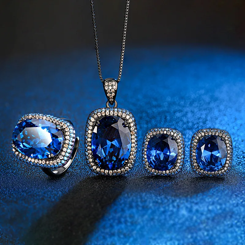 

Luxury Blue Crystal Women Oval Cushion Cut Cubic Zirconia Necklace Earrings Adjustable Ring Vintage Bridal Wedding Party Jewelry