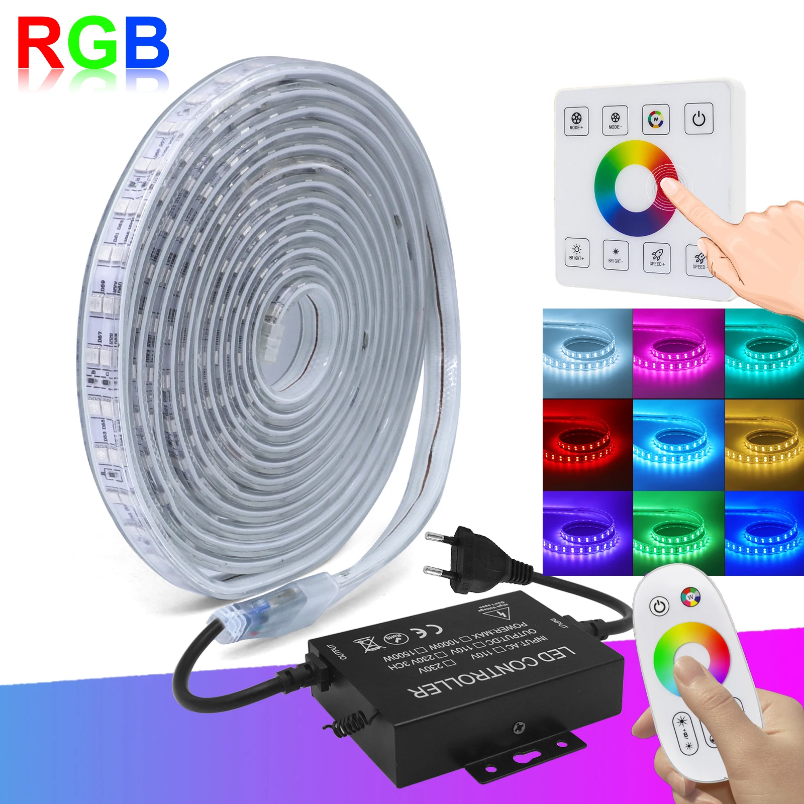 AC 220V RGB 5050SMD LED Strip Waterproof Flexible Decoration Lighting Tape Light With Dual Touch Remote Controller Power Plug