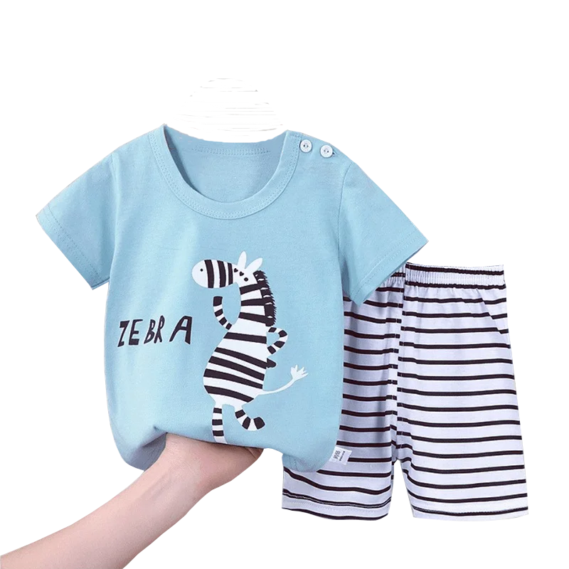 T-shirt+Shorts 2-Piece Clothing Set Pajamas Summer Kids Baby Boys Girls Cotton Casual Tracksuit Cartoon Zebra Clothes Suit 0-6 Y