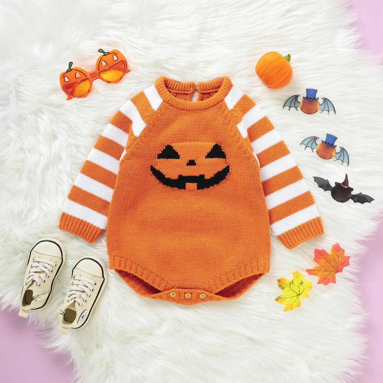 Winter Baby Halloween Costumes Orange Pumpkin Knit Newborn Boy Girl Bodysuits One Pieces 0-18m Infant Unisex Coveralls Jumpsuits