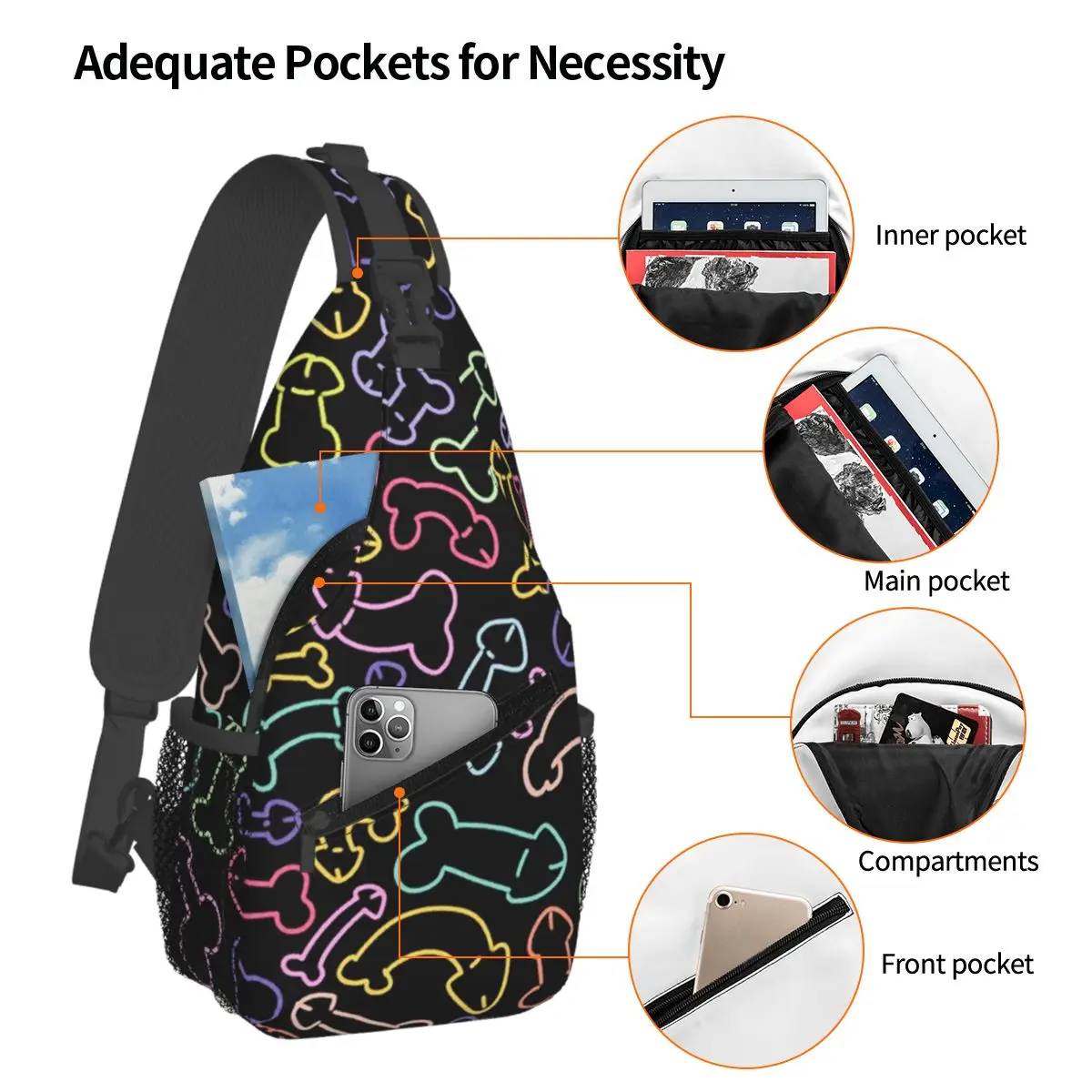 Pastel Penis Pattern Mask Black Chest Bag Men Sling Crossbody Backpack Chest Bag Traveling Hiking Daypack Shoulder Bag