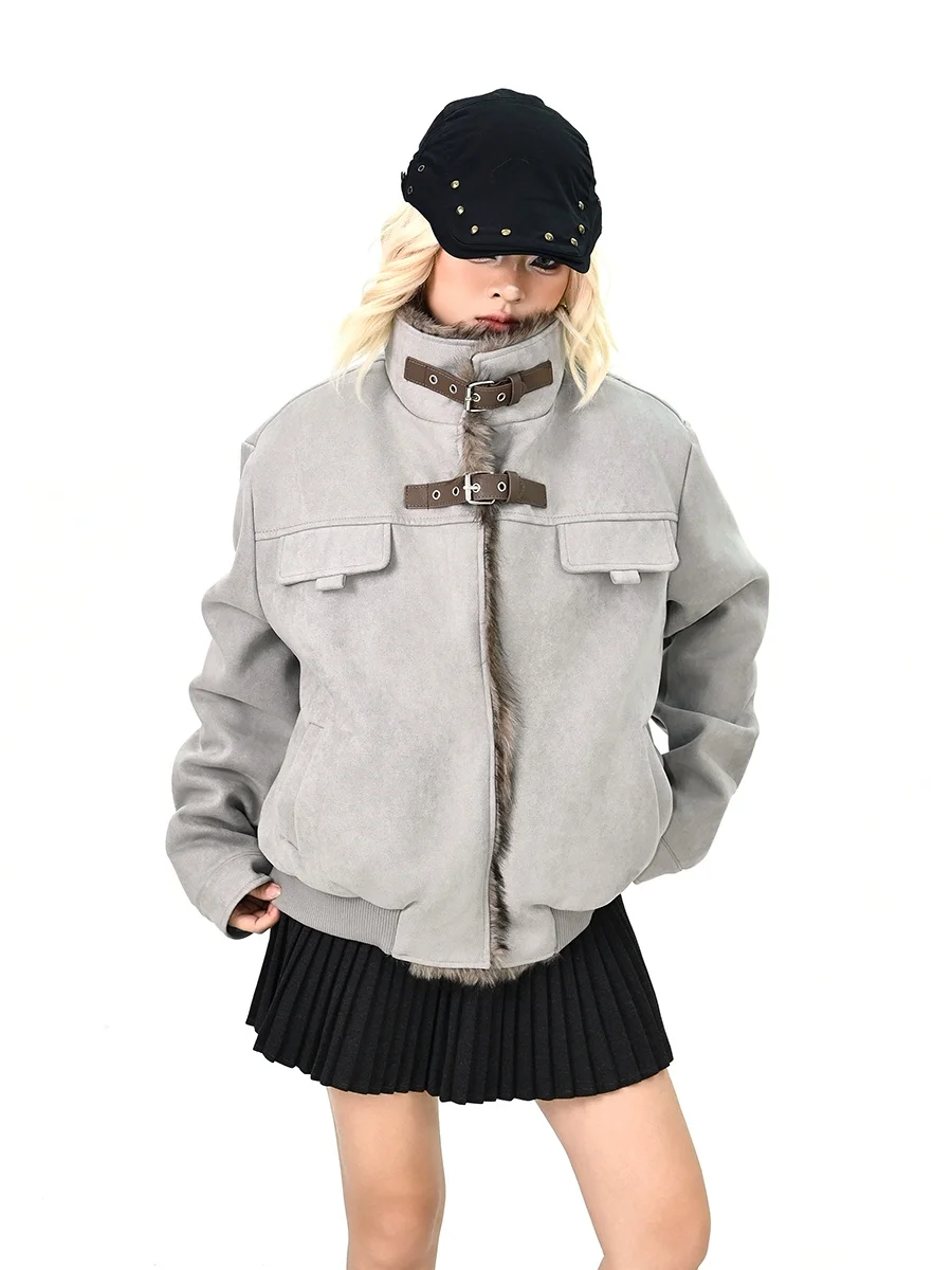 

Женская замшевая куртка Street Sle свободного кроя с воротником в стиле ретро, на молнии, с длинными рукавами, утепленное хлопковое пальто для зимы