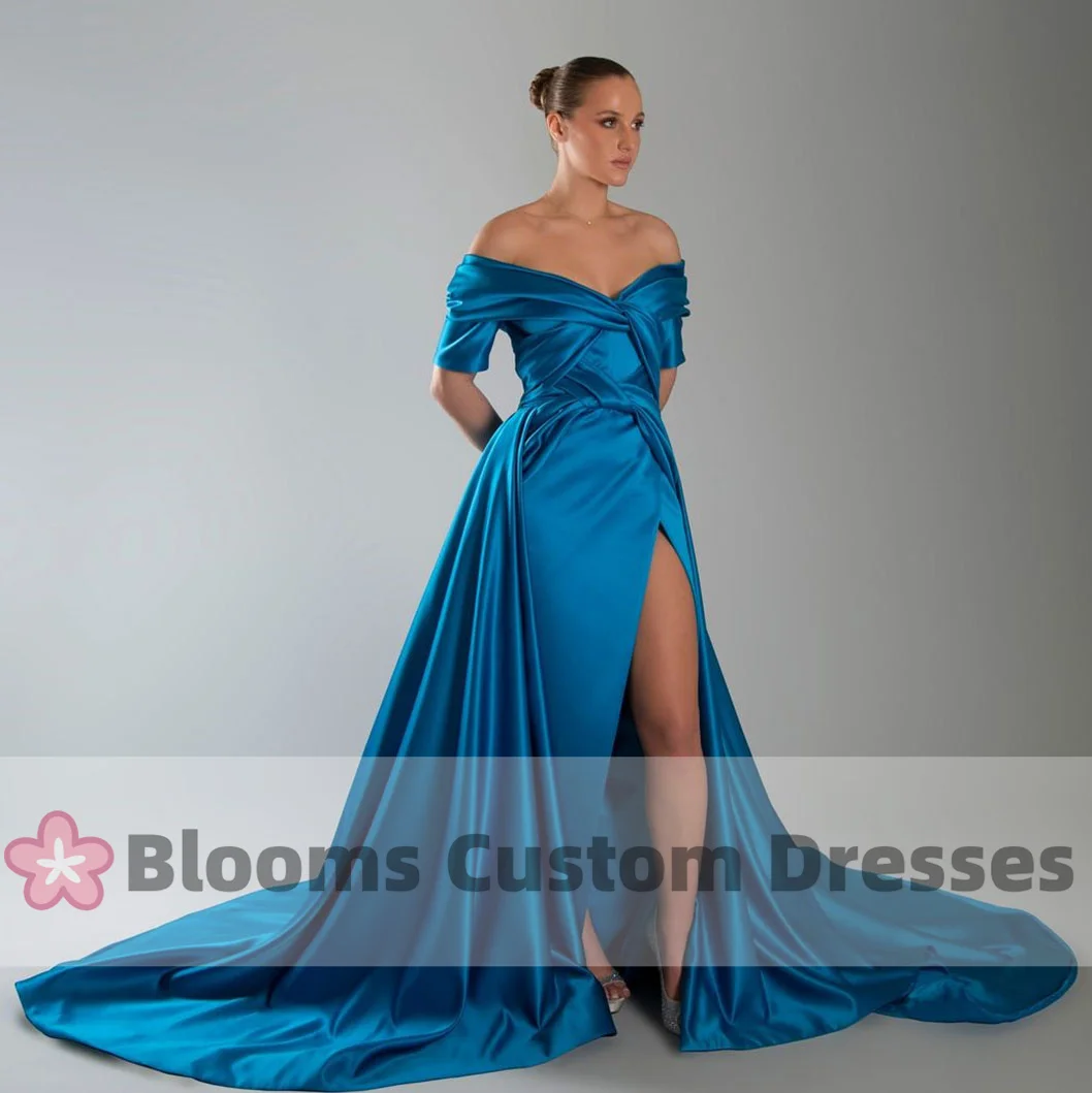 

Blooms Gorgeous Off Shoulder Short Sleeves Evening Dresses Satin Back Long Train Prom Dress Wedding Formal Occasion Gown