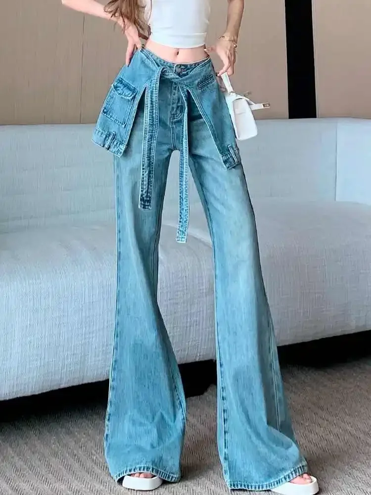 

Женские винтажные синие искусственные джинсы из двух частей, уличная одежда, нерегулярные лоскутные брюки с несколькими карманами, уличная мода, джинсовые брюки с высокой талией