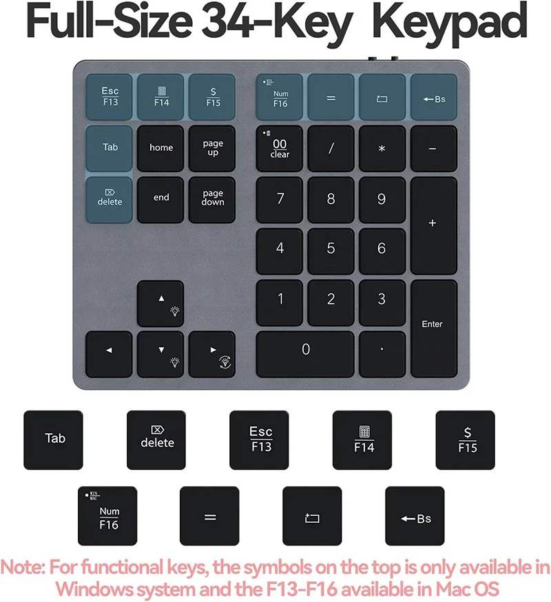 34Keys 7-Color Backlight Numeric Keypad Backlit Bluetooth Wireless Number Pad for Laptops Computers Ipad PC