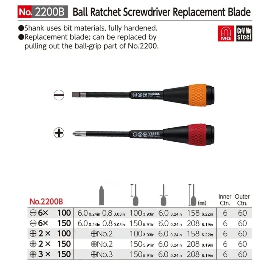 Genuine VESSEL Hand Tools Ball Ratchet Grip Screwdriver Set Suitable For Phillips And Slotted Screws NO.2200 5Pcs Set