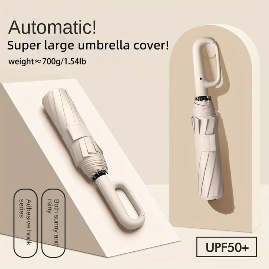 

Beige Fully Automatic Open And Close Umbrella With Bag For Easy Taking Sun & Rain Folding Anti Double-Keeled UV Umbrella