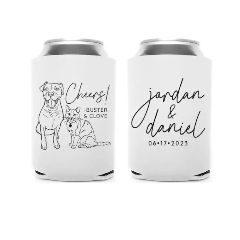 

Personalized Wedding Can Cooler -Custom Pet Illustration- Cheers！- Wedding Favors,Beverage Holder, Can Insulator,Beer Huggers