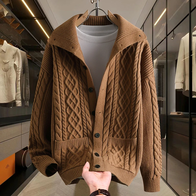 

Модный мужской вязаный кардиган с широкими лацканами, осенний толстый свитер-жакет