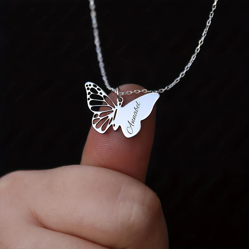 

Custom Hollow Out Butterfly Necklace Custom Name Nameplate Pendant 304L Stainless Steel Necklace Elegant Butterfly Gifts For Mum