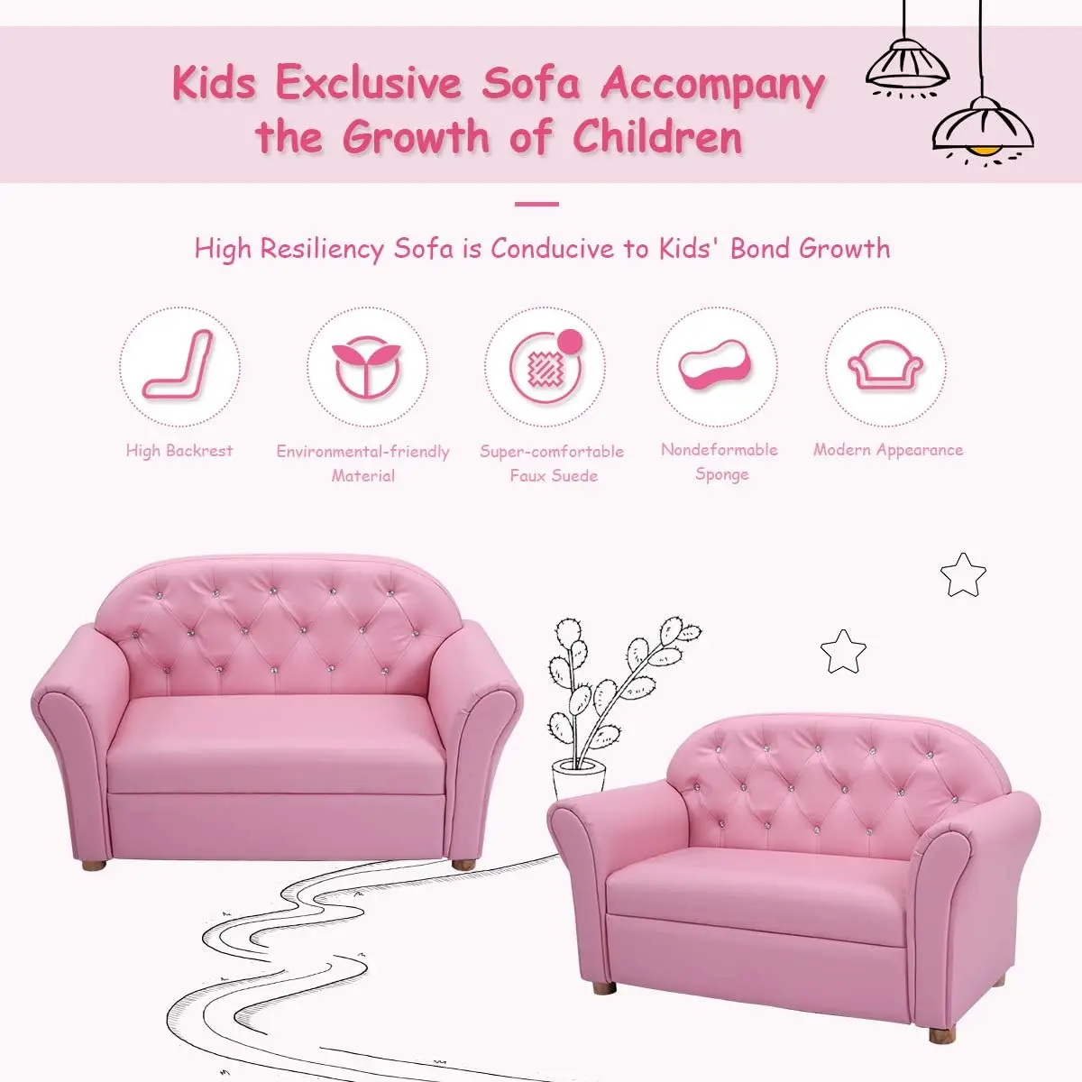 Sofá infantil, 2 em 1, assento duplo princesa, sofá infantil com superfície de couro PU, cadeira de apoio de braço para crianças pequenas para quarto, quarto infantil
