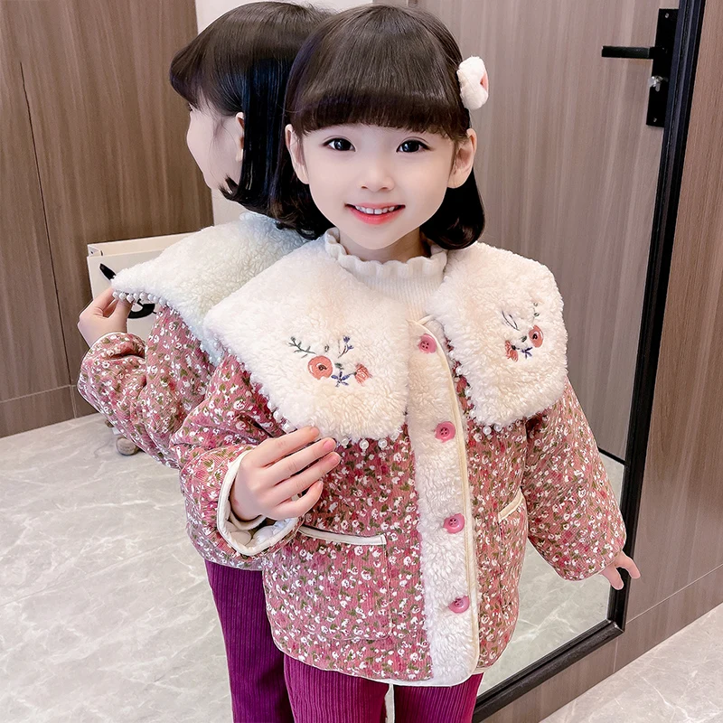 

Baby Girls Autumn Winter Coats Embroidery Floral Children Jacket Outdoor Warm Plush Kids Outerwear Princess Clothing 1-6 Years