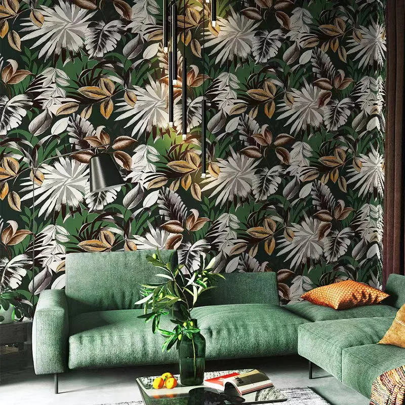 

Southeast Asian Plant Floral Wallpaper Tropical Jungle Green Palm Leaves Wall paper for Living Room Bedroom Walls