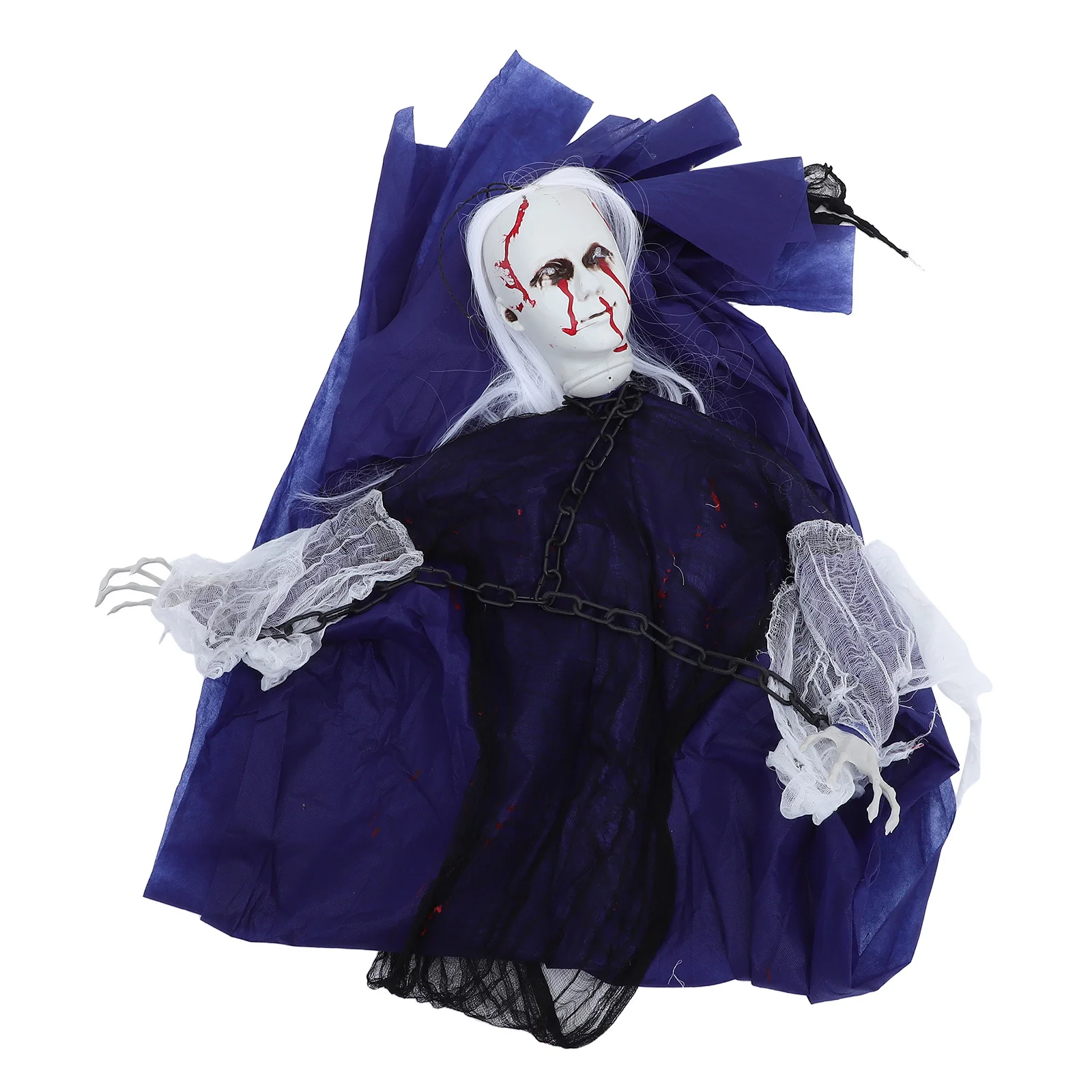 

Halloween Hanging Ghost White Haired Blood Faced LED Eyes Sound Activated Scary Outdoor Hanging Ghost