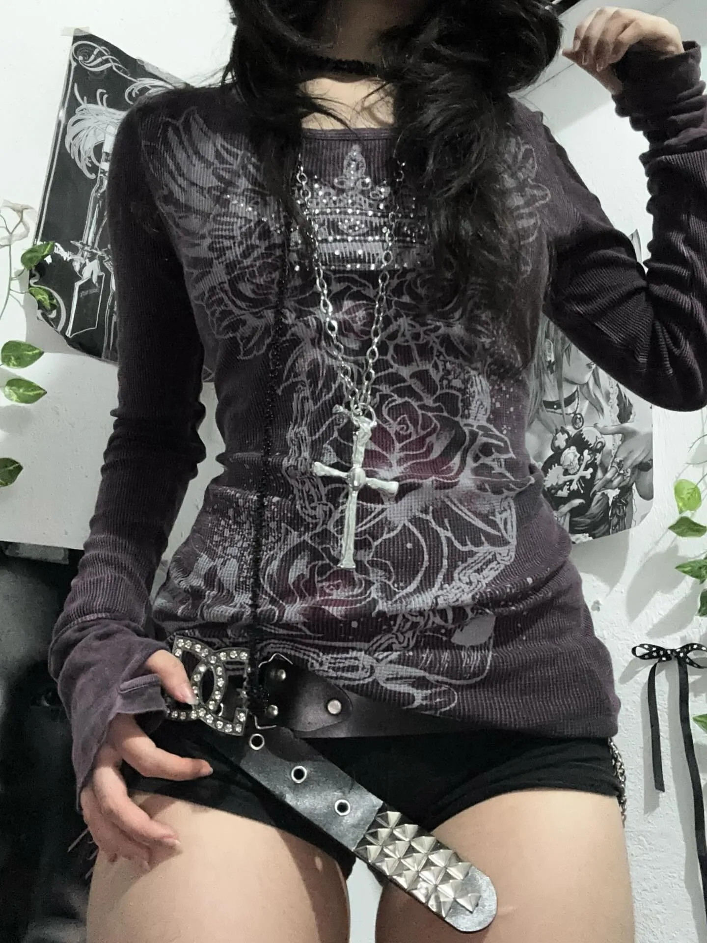 Subkultur 2026 Dark Gothic Spicy Girl Rosenblüten-Print Rundhals Schlankmachendes Langarm-T-Shirt INS